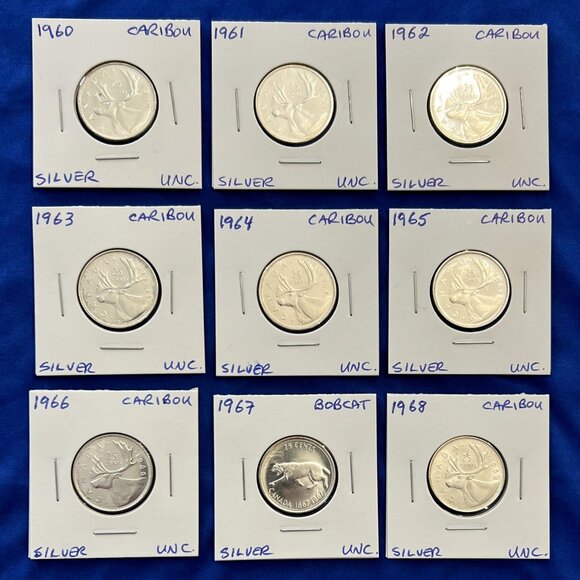 Uncirculated Set of 9 Silver 1960 to 1968 25¢ Canada Quarters! - Picture 1 of 16